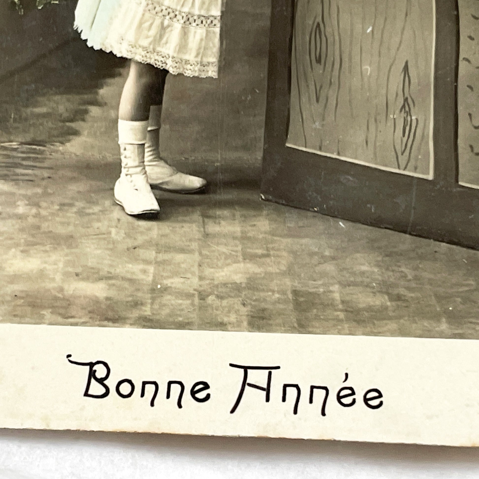 1910s - French Postcard Little Girl Candy Shop Paris Hand-Tinted Sepia Photo - Vintage New Year Greeting Card Ephemera Collectible