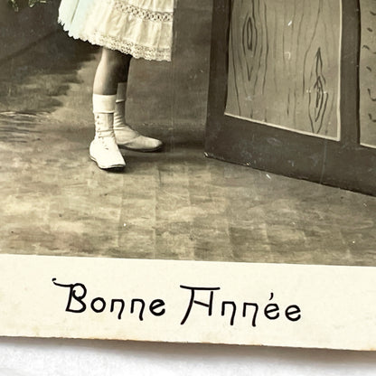 1910s - French Postcard Little Girl Candy Shop Paris Hand-Tinted Sepia Photo - Vintage New Year Greeting Card Ephemera Collectible