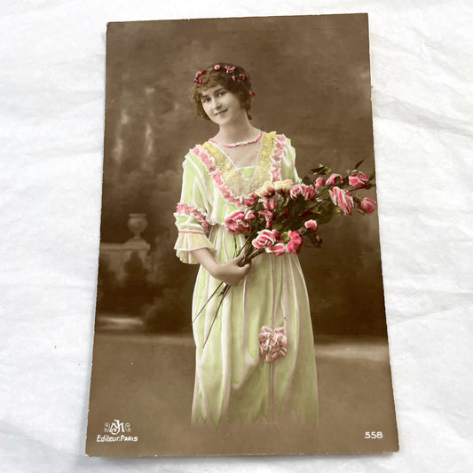 1910s - Vintage Hand-Colored Postcard - Young Woman - Pink Roses Bouquet - Floral Wreath - Parisian Publisher - Antique Ephemera