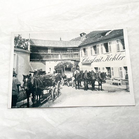 1900s - Postcard Chocolait Kohler Horse-Drawn Carriages - Street Scene - Historical Photography - Early 20th Century Swiss Village Life