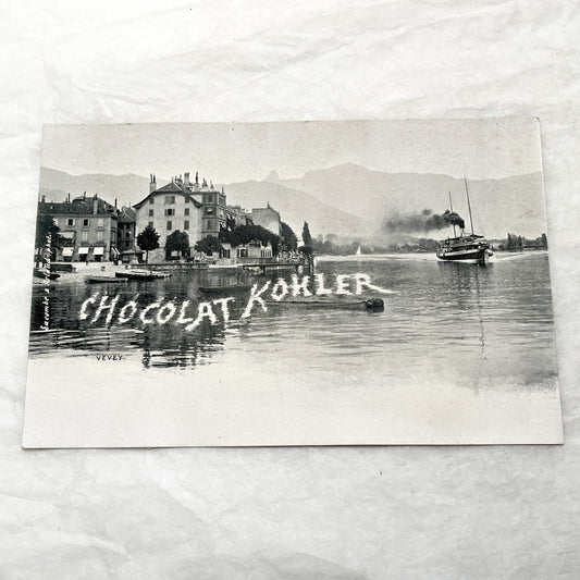 1900s - Vintage Swiss Postcard - Vevey Lake Geneva Steamboat Scene - Chocolat Kohler Advertisement - Historic Travel Ephemera