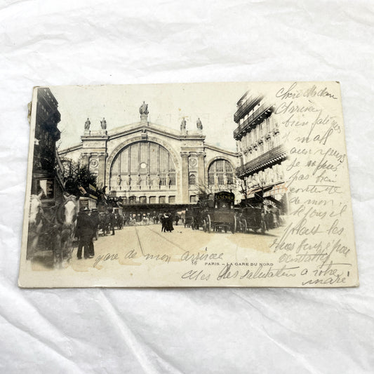 1900s - Vintage Parisian Gare Du Nord Postcard - Horse Drawn Carriages - Historic French Railway Station Scene - Antique Ephemera