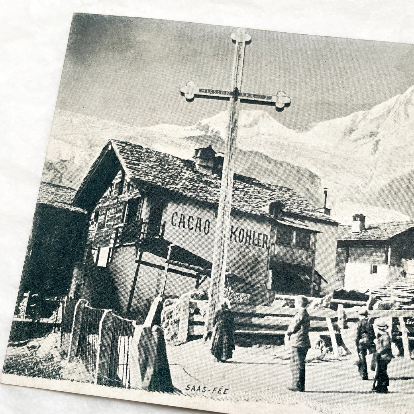 1900s - Vintage Swiss Alps Postcard - Saas-Fee Village Scene with Kohler Chocolate Advertisements - Historic Mountain Landscape