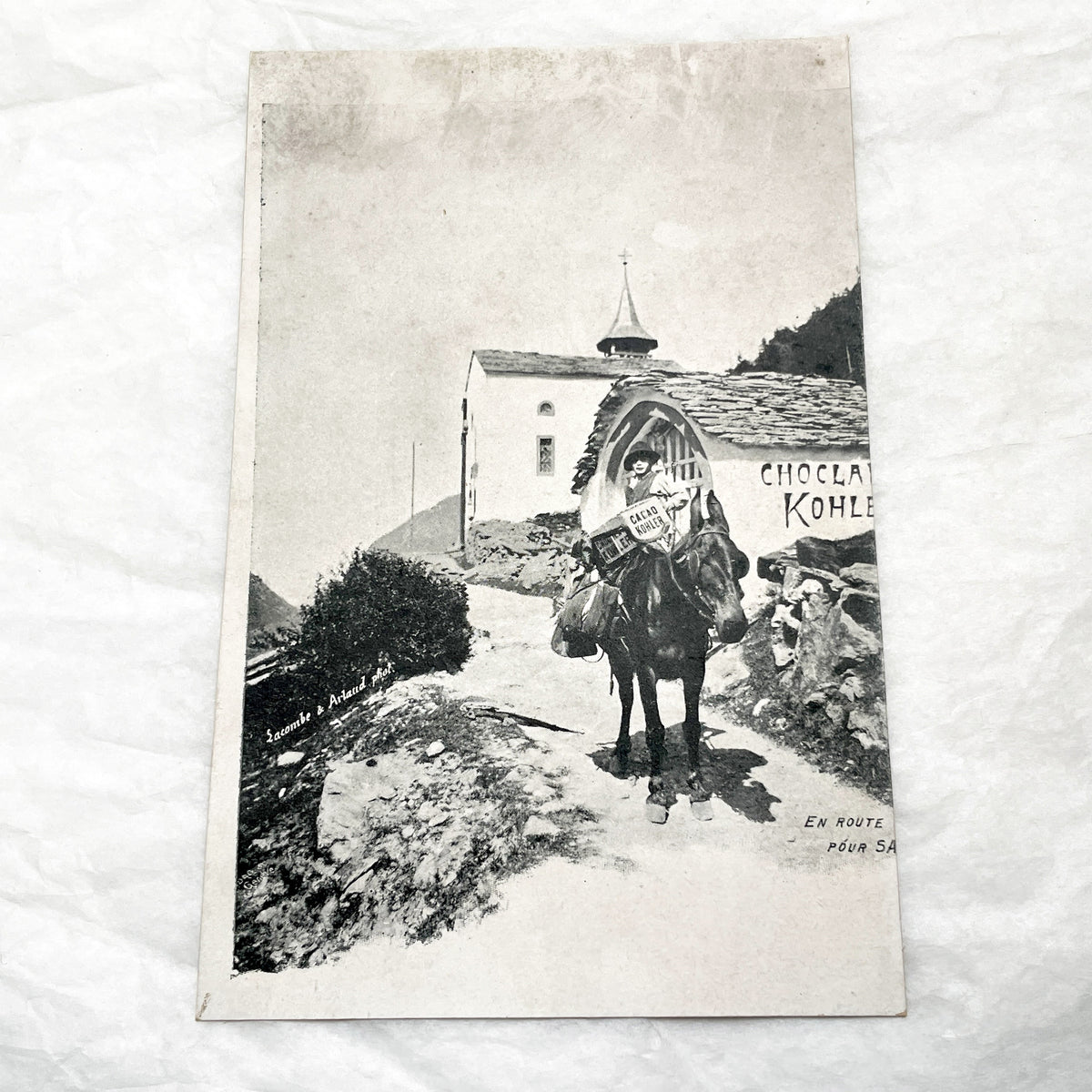 1900s - Vintage Swiss Chocolat Kohler Postcard - Mule Carrying Cocoa through Alps - Historic Food Advertising - Antique Transport Theme