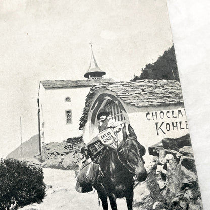 1900s - Vintage Swiss Chocolat Kohler Postcard - Mule Carrying Cocoa through Alps - Historic Food Advertising - Antique Transport Theme
