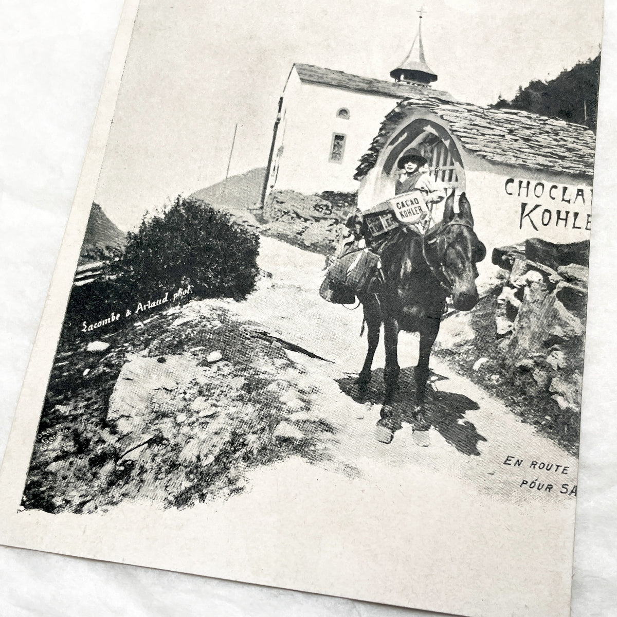 1900s - Vintage Swiss Chocolat Kohler Postcard - Mule Carrying Cocoa through Alps - Historic Food Advertising - Antique Transport Theme