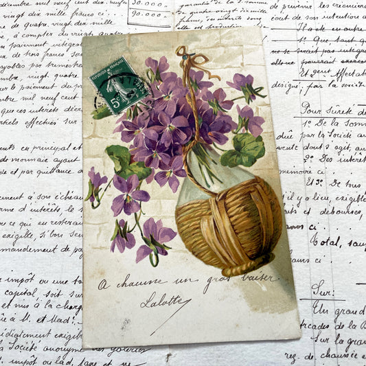 1900s - Antique French Postcard - Violets Vase Illustration - Handwritten French Message From Lalotte - Floral Ephemera Collectible