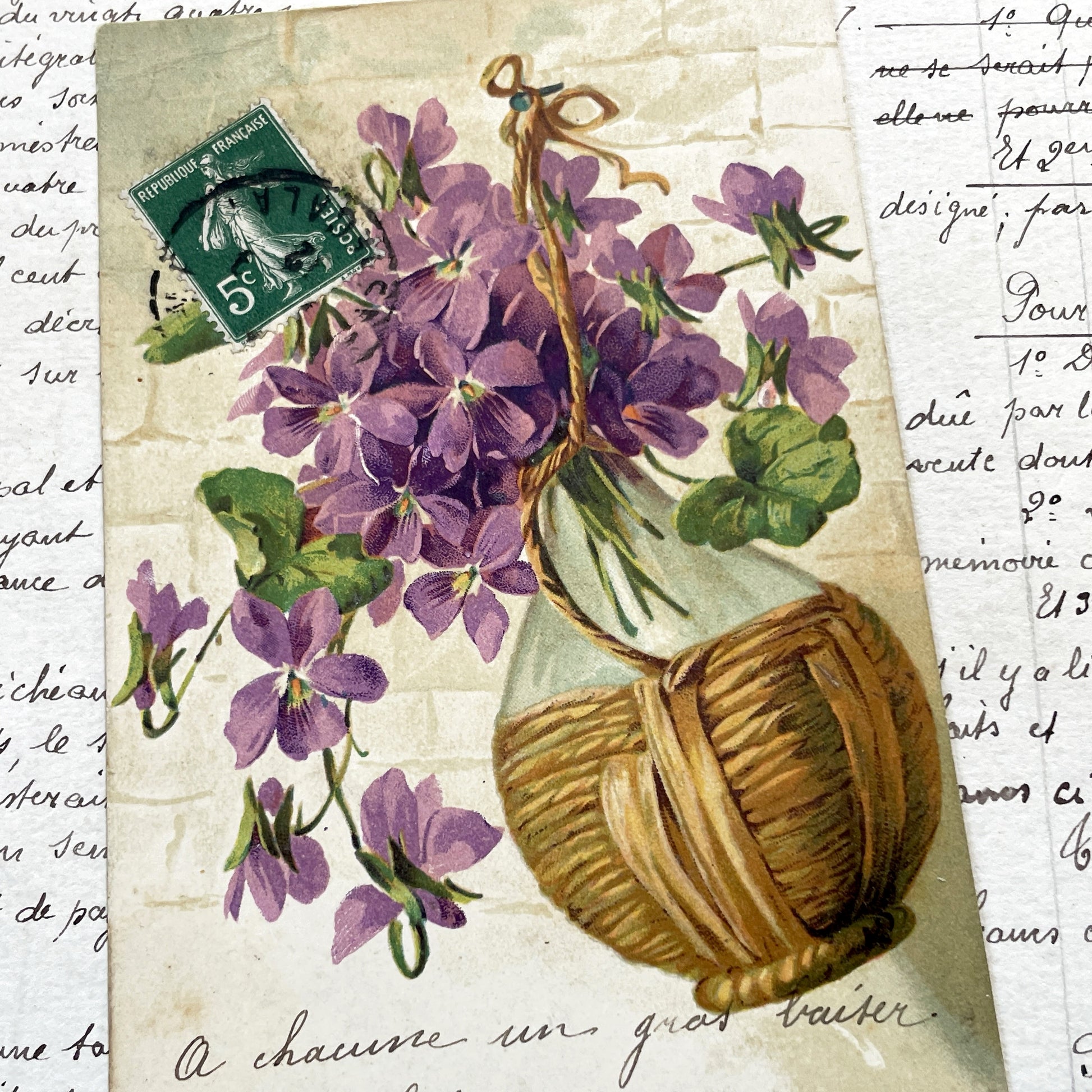 1900s - Antique French Postcard - Violets Vase Illustration - Handwritten French Message From Lalotte - Floral Ephemera Collectible