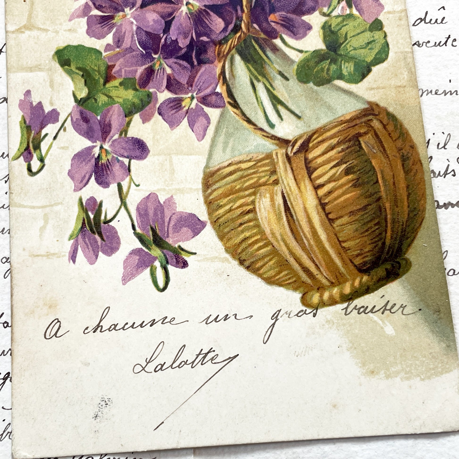 1900s - Antique French Postcard - Violets Vase Illustration - Handwritten French Message From Lalotte - Floral Ephemera Collectible
