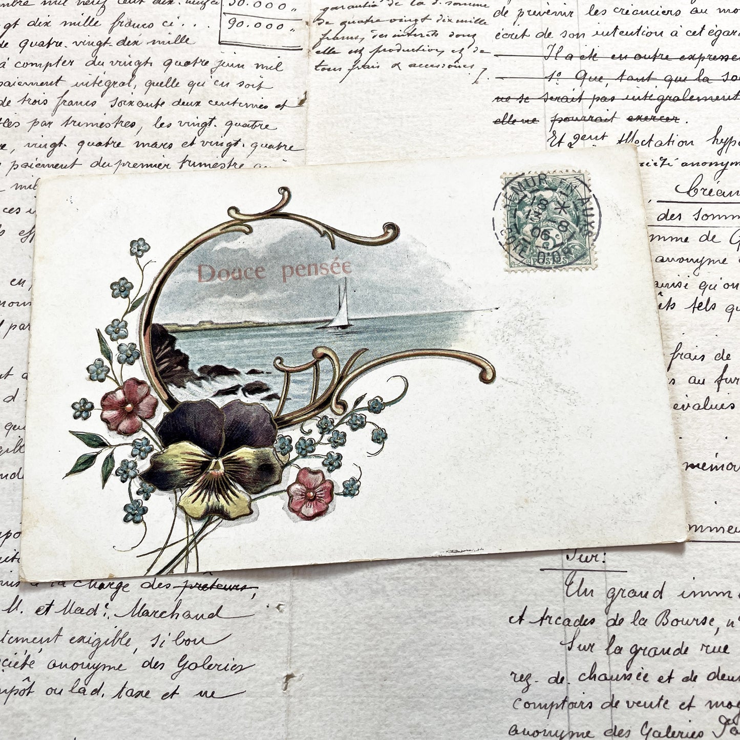 1900s - Antique French Postcard “Douce Pensée” – Sailboat & Flowers, Early 1900s Embossed Romantic Card