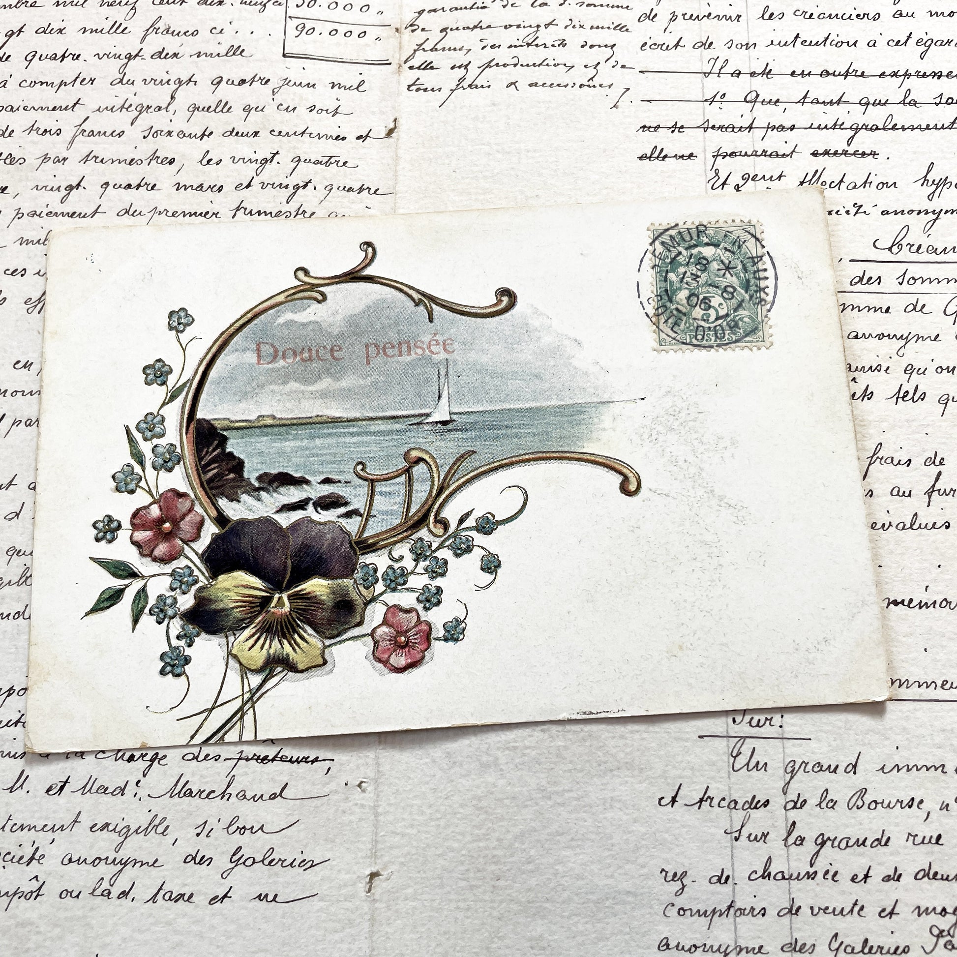 1900s - Antique French Postcard “Douce Pensée” – Sailboat & Flowers, Early 1900s Embossed Romantic Card