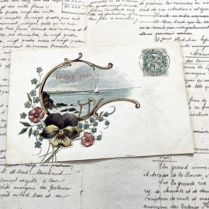 1900s - Antique French Postcard “Douce Pensée” – Sailboat & Flowers, Early 1900s Embossed Romantic Card