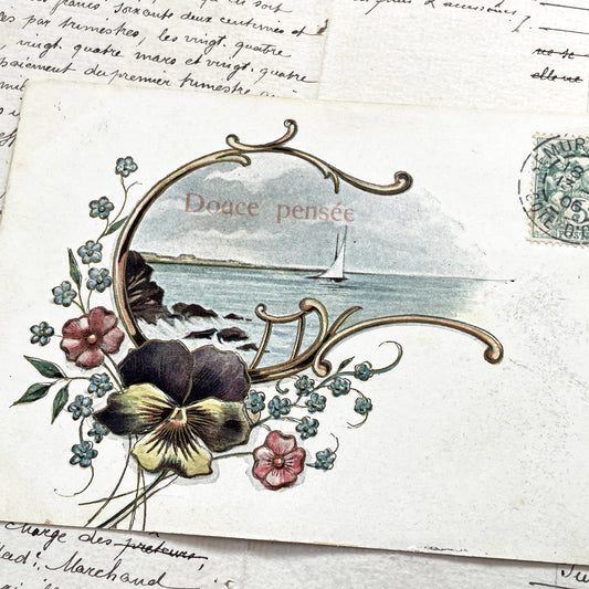 1900s - Antique French Postcard “Douce Pensée” – Sailboat & Flowers, Early 1900s Embossed Romantic Card