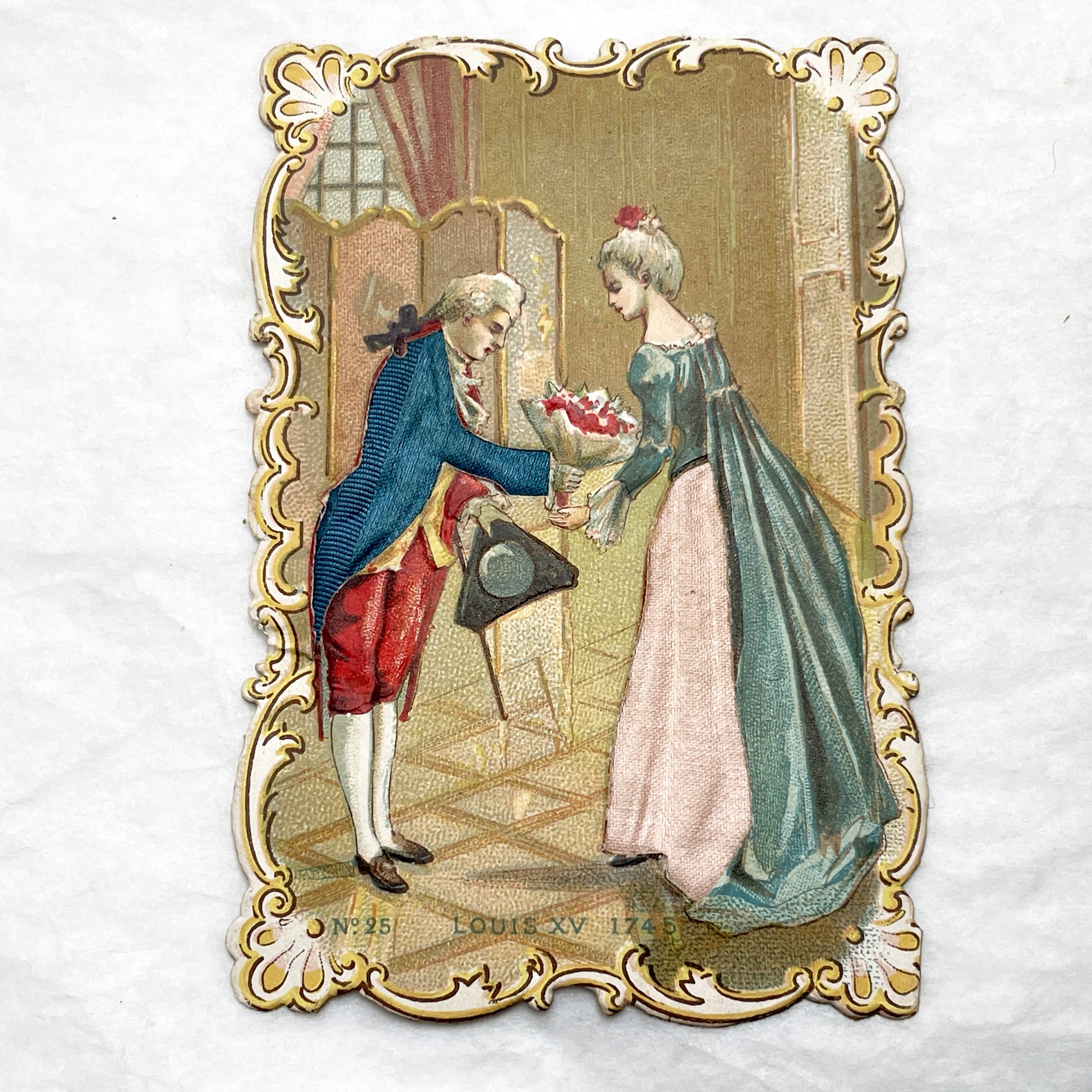 Late 19th - Historical French Nobility Chromo Print - Rococo Art - Romantic Courtship Scene - Man Offering Flowers - Louis XV Era