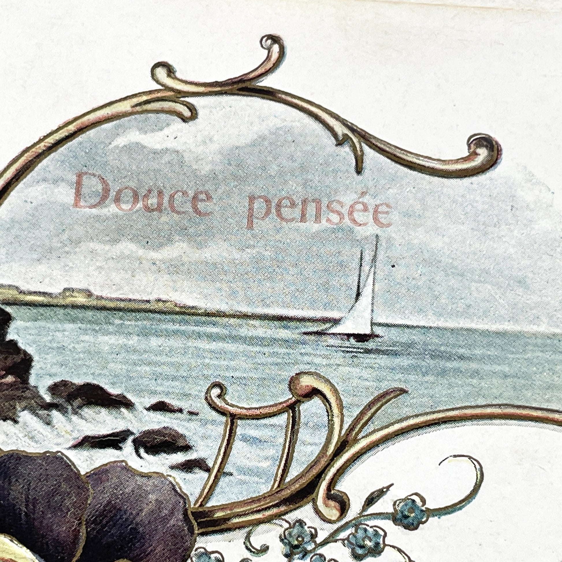 1900s - Antique French Postcard “Douce Pensée” – Sailboat & Flowers, Early 1900s Embossed Romantic Card