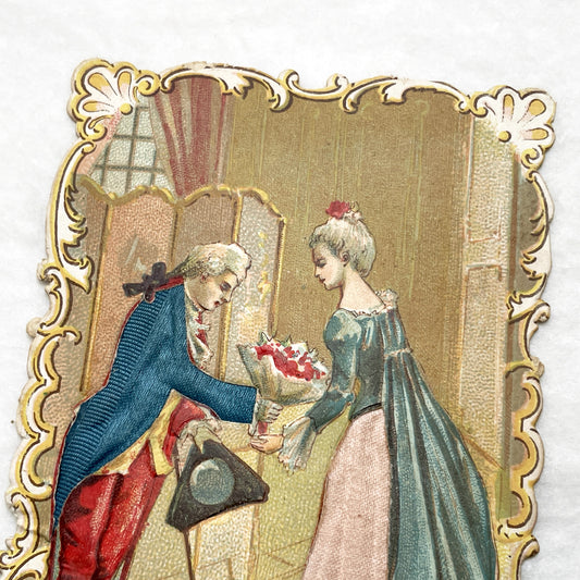 Late 19th - Historical French Nobility Chromo Print - Rococo Art - Romantic Courtship Scene - Man Offering Flowers - Louis XV Era