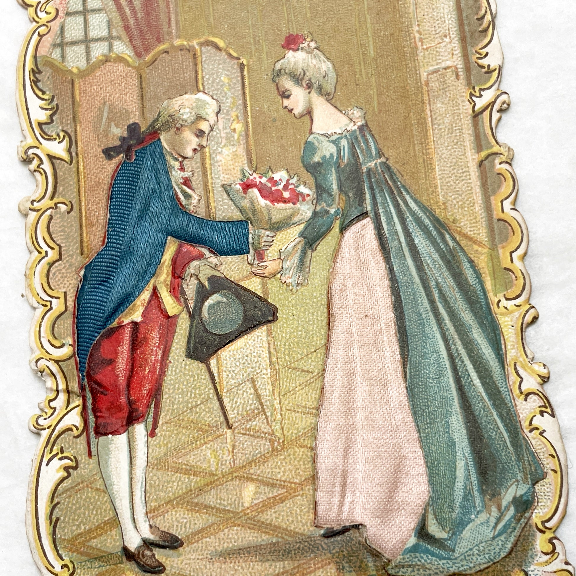 Late 19th - Historical French Nobility Chromo Print - Rococo Art - Romantic Courtship Scene - Man Offering Flowers - Louis XV Era