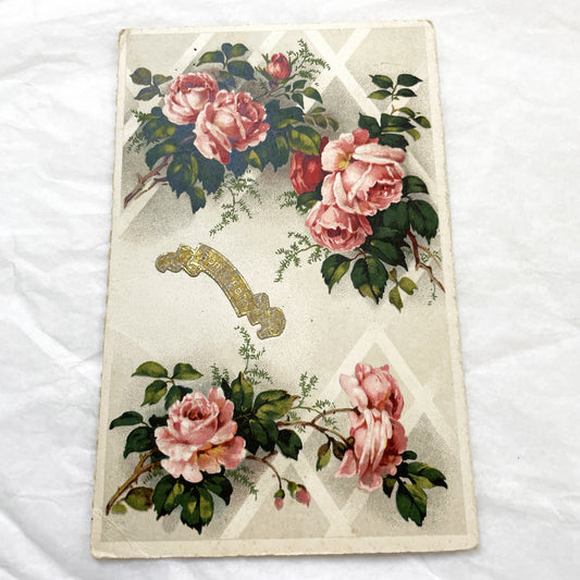 1950s - Exquisite Vintage Chromo Card - Antique Pink Rose Floral Bonheur Greeting - Victorian Era Ephemera - Collectible Art Print