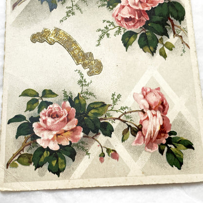 1950s - Exquisite Vintage Chromo Card - Antique Pink Rose Floral Bonheur Greeting - Victorian Era Ephemera - Collectible Art Print