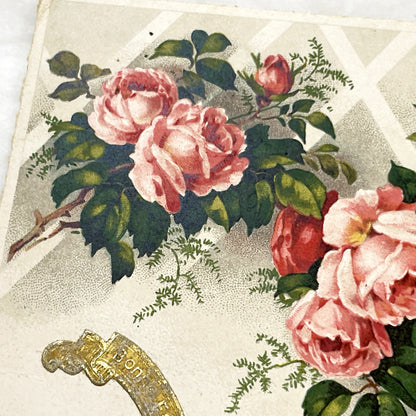 1950s - Exquisite Vintage Chromo Card - Antique Pink Rose Floral Bonheur Greeting - Victorian Era Ephemera - Collectible Art Print