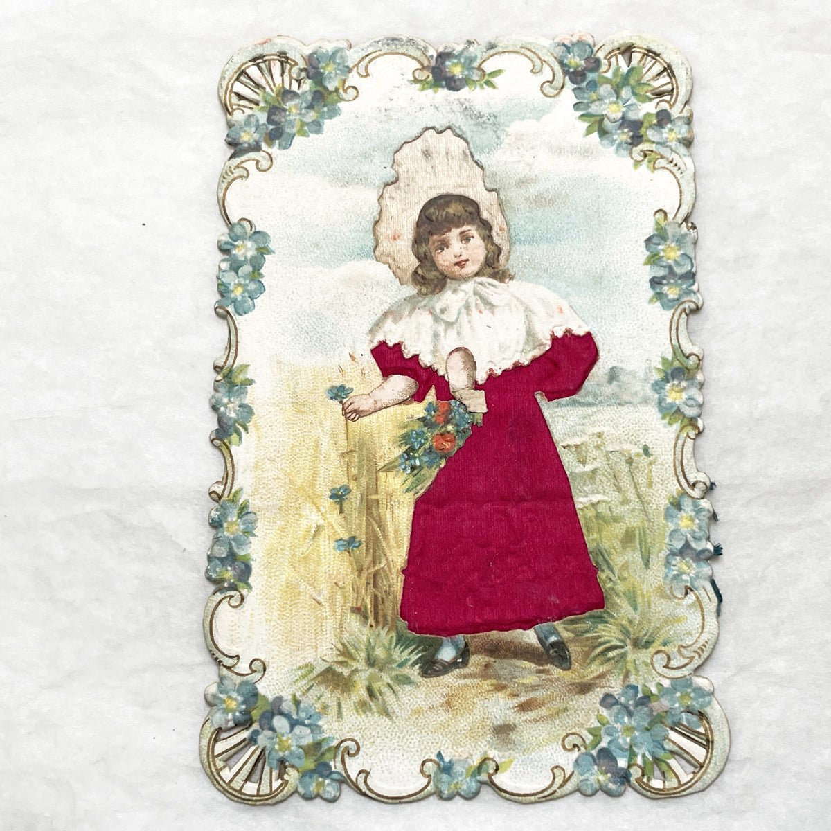 Late 19th - Victorian Die-Cut Chromo - Young Girl in Red Dress and Bonnet - Field of Flowers - Antique Ephemera Collectible Art Print