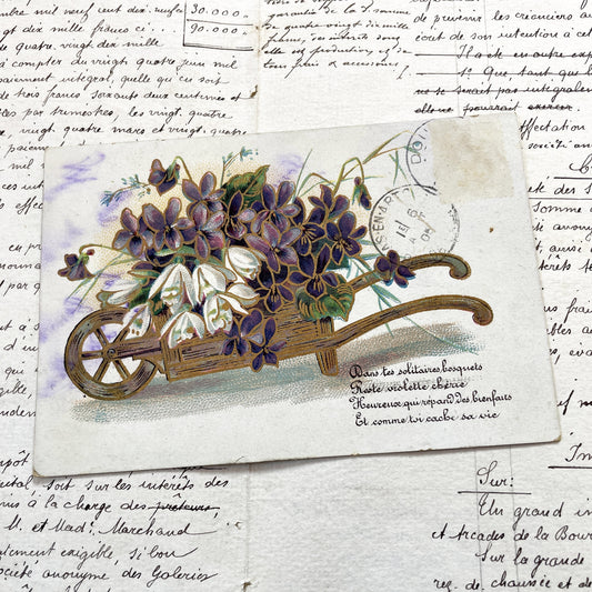 1900s - Antique French Postcard – Embossed Flowers & Wheelbarrow, Early 1900s Violet Bouquet Romantic Card