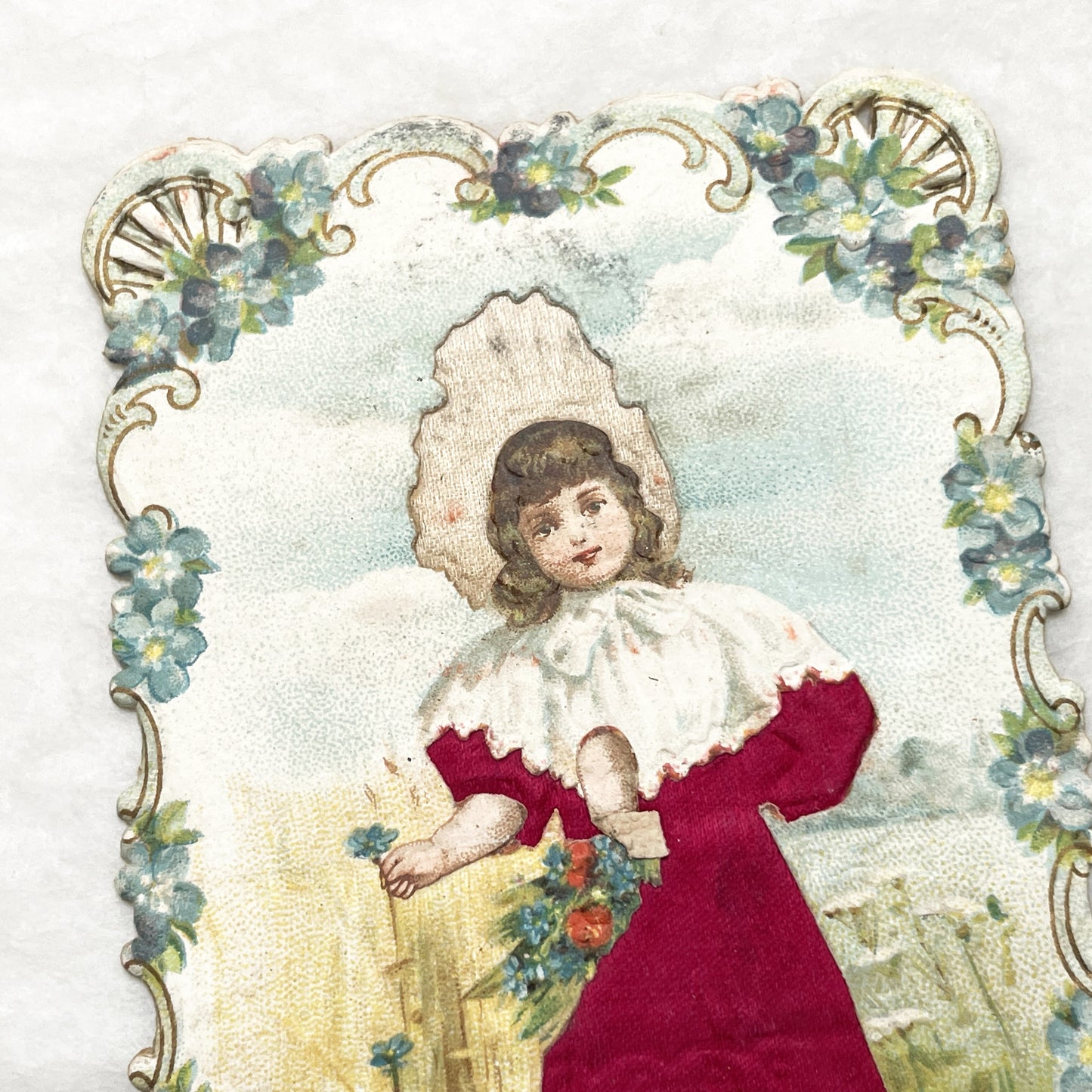 Late 19th - Victorian Die-Cut Chromo - Young Girl in Red Dress and Bonnet - Field of Flowers - Antique Ephemera Collectible Art Print