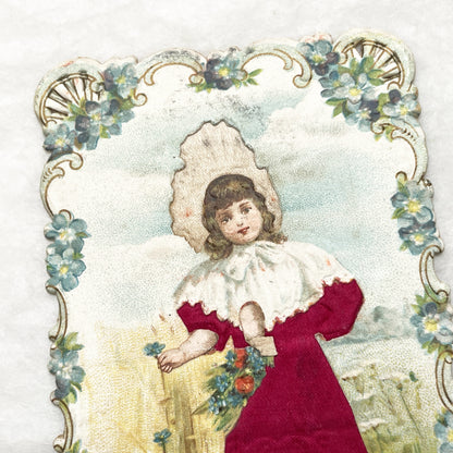 Late 19th - Victorian Die-Cut Chromo - Young Girl in Red Dress and Bonnet - Field of Flowers - Antique Ephemera Collectible Art Print