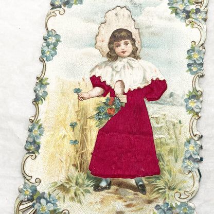 Late 19th - Victorian Die-Cut Chromo - Young Girl in Red Dress and Bonnet - Field of Flowers - Antique Ephemera Collectible Art Print