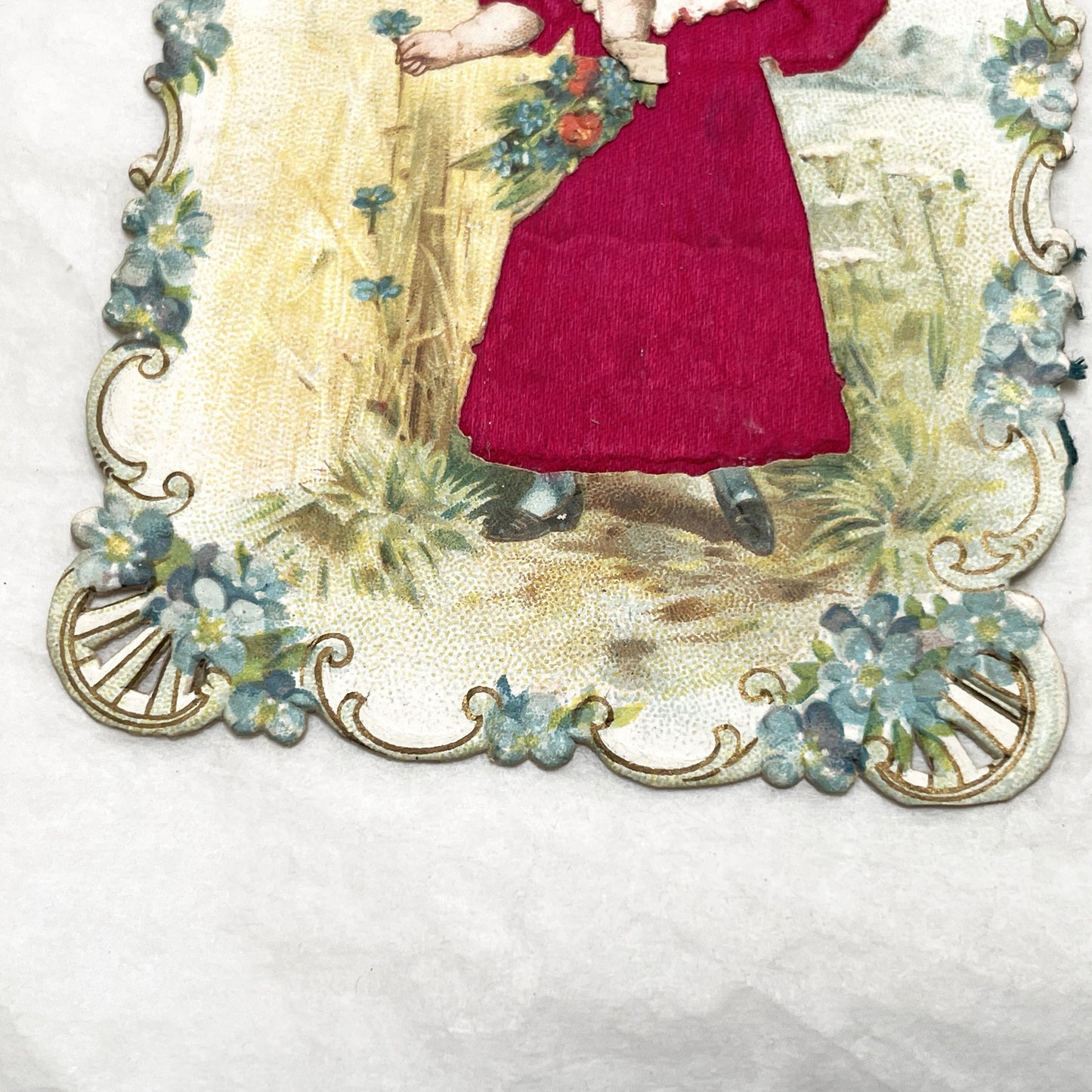 Late 19th - Victorian Die-Cut Chromo - Young Girl in Red Dress and Bonnet - Field of Flowers - Antique Ephemera Collectible Art Print