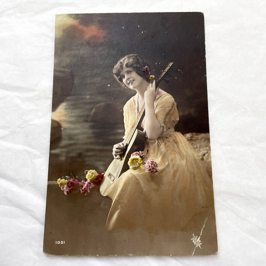 1910s - Vintage Hand-Tinted Postcard - Young Woman Playing Mandolin - Edwardian Era Glamour Portrait - Collectible Art Nouveau Style