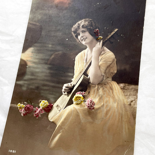 1910s - Vintage Hand-Tinted Postcard - Young Woman Playing Mandolin - Edwardian Era Glamour Portrait - Collectible Art Nouveau Style