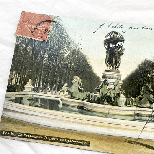 1900s - Hand-Colored Parisian Carpeaux Fountain Vintage Postcard - Luxembourg Gardens - Historic Paris Landmark Art Piece