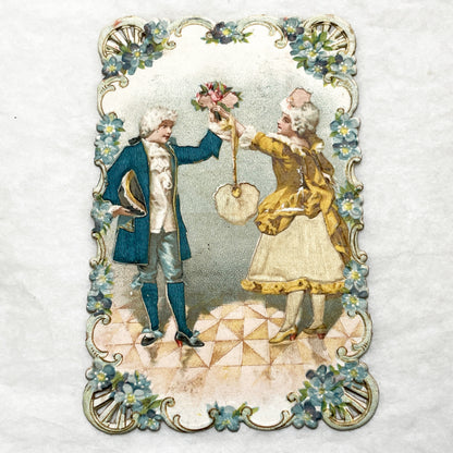 Late 19th - Elegant Victorian Die-Cut Chromo Card - Romantic Couple Exchanging Flowers - Forget-Me-Not Floral Frame - Collectible Art