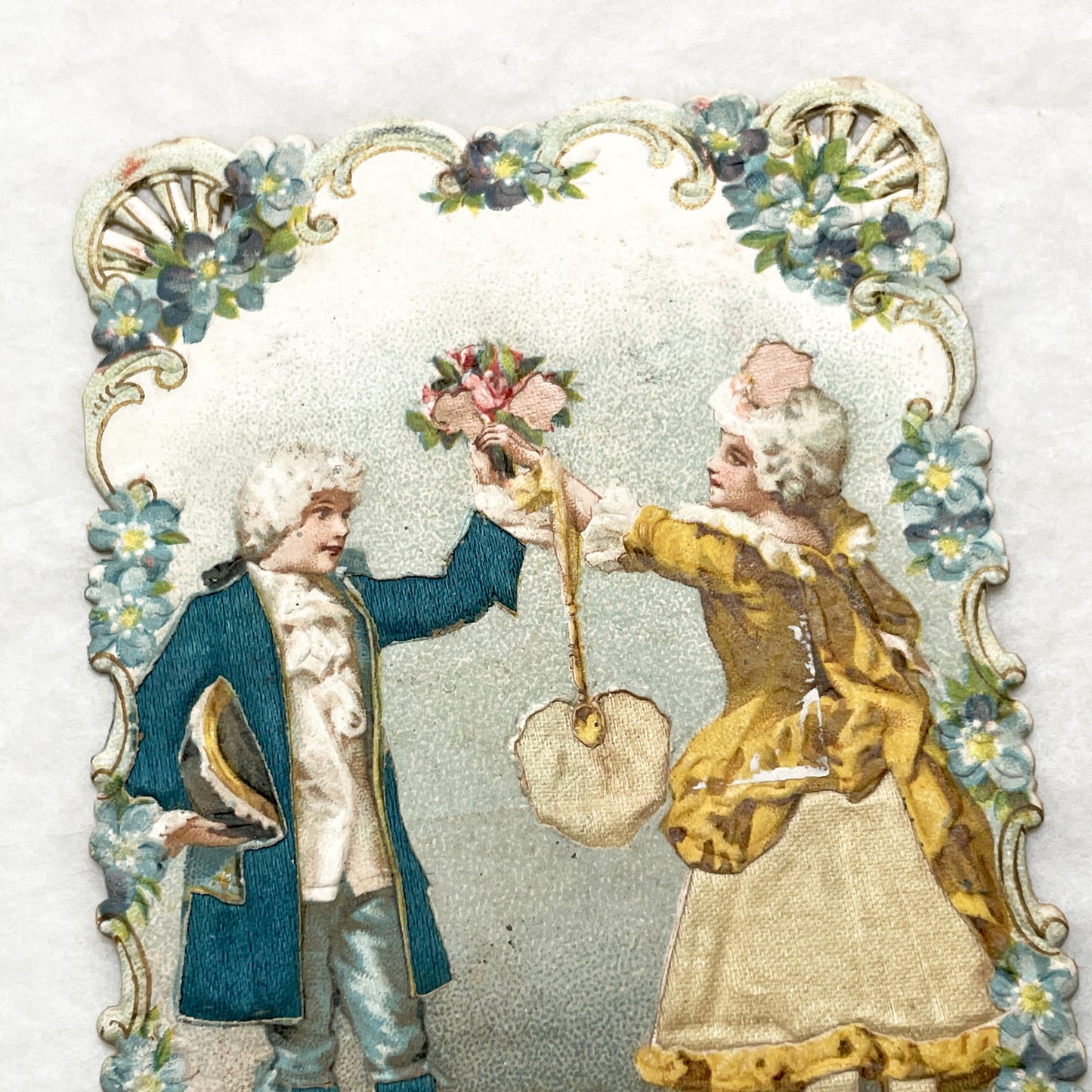 Late 19th - Elegant Victorian Die-Cut Chromo Card - Romantic Couple Exchanging Flowers - Forget-Me-Not Floral Frame - Collectible Art