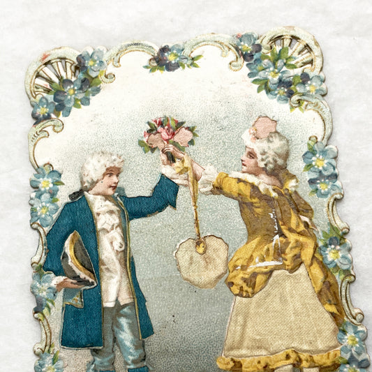 Late 19th - Elegant Victorian Die-Cut Chromo Card - Romantic Couple Exchanging Flowers - Forget-Me-Not Floral Frame - Collectible Art