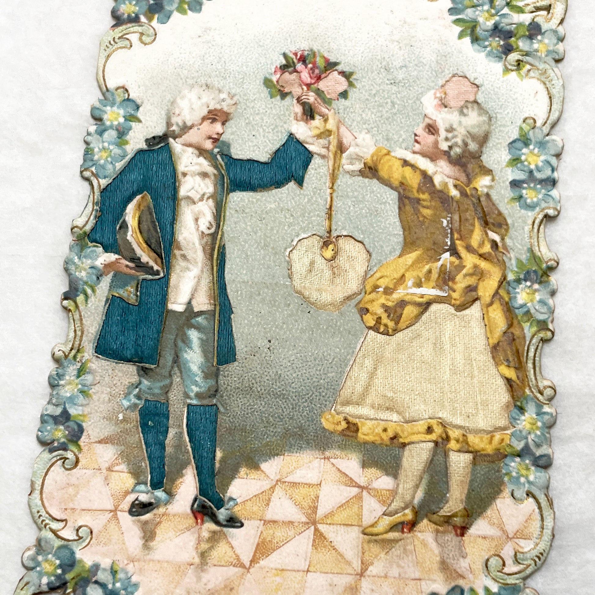 Late 19th - Elegant Victorian Die-Cut Chromo Card - Romantic Couple Exchanging Flowers - Forget-Me-Not Floral Frame - Collectible Art
