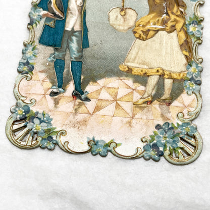 Late 19th - Elegant Victorian Die-Cut Chromo Card - Romantic Couple Exchanging Flowers - Forget-Me-Not Floral Frame - Collectible Art