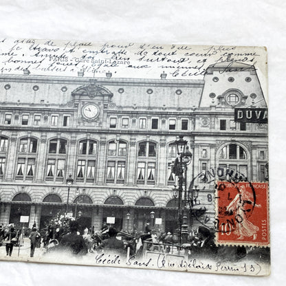 1900s - Vintage Paris Gare Saint-Lazare Postcard - Antique French Railway Station View - Historical Cityscape - Handwritten Letter 