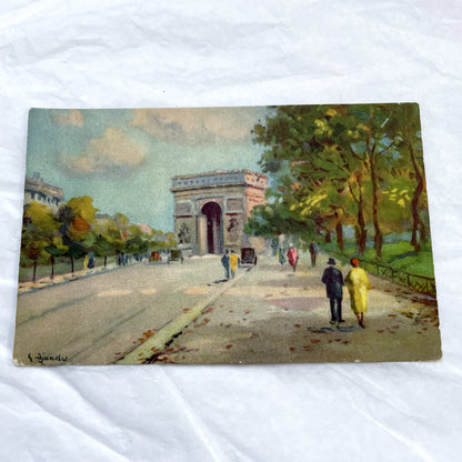 1910s - Vintage Paris Arc de Triomphe Postcard - Classic French Landmark - Elegant Street Scene - Parisian Architecture