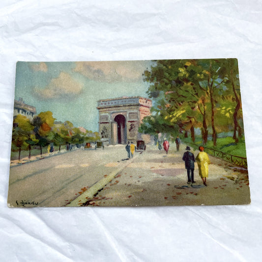 1910s - Vintage Paris Arc de Triomphe Postcard - Classic French Landmark - Elegant Street Scene - Parisian Architecture