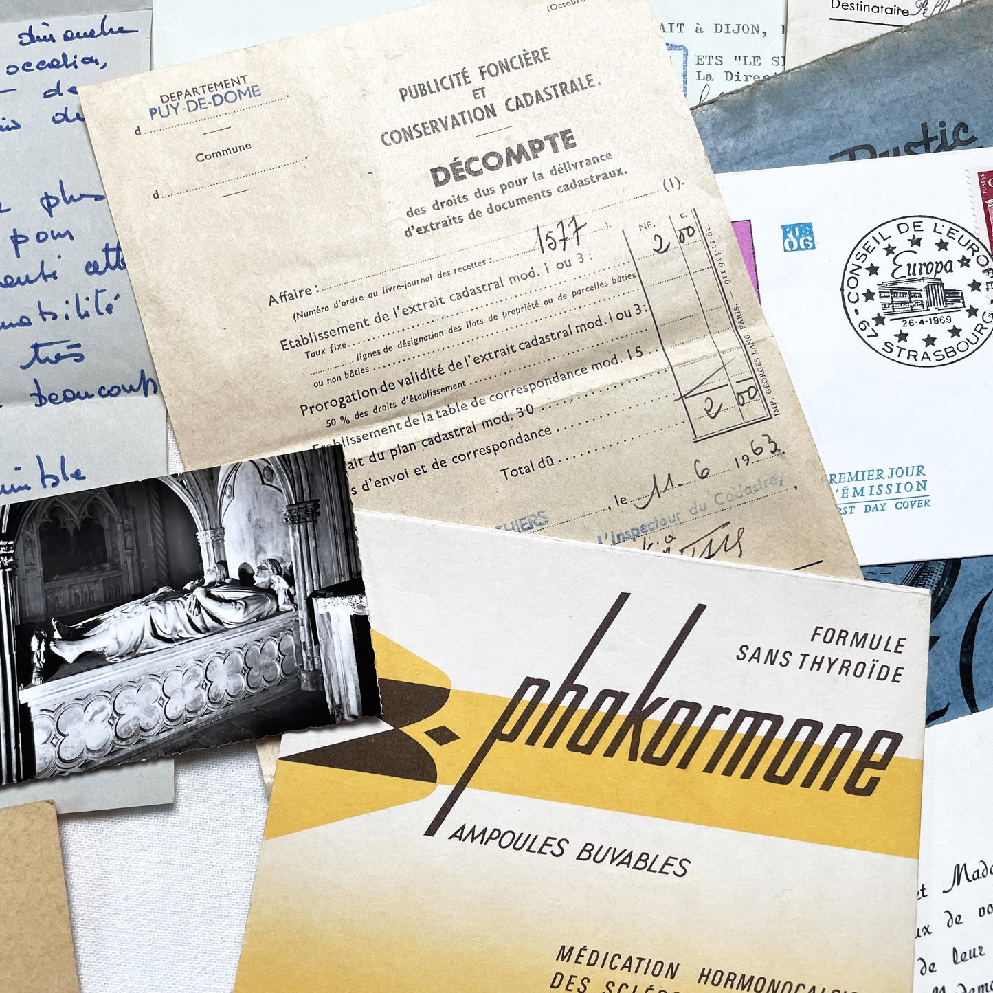 1960s - Vintage French Ephemera Documents - Lot of 20 Pieces - Letters - Postcards - Invoices - Photos - Collectible Paper Pack