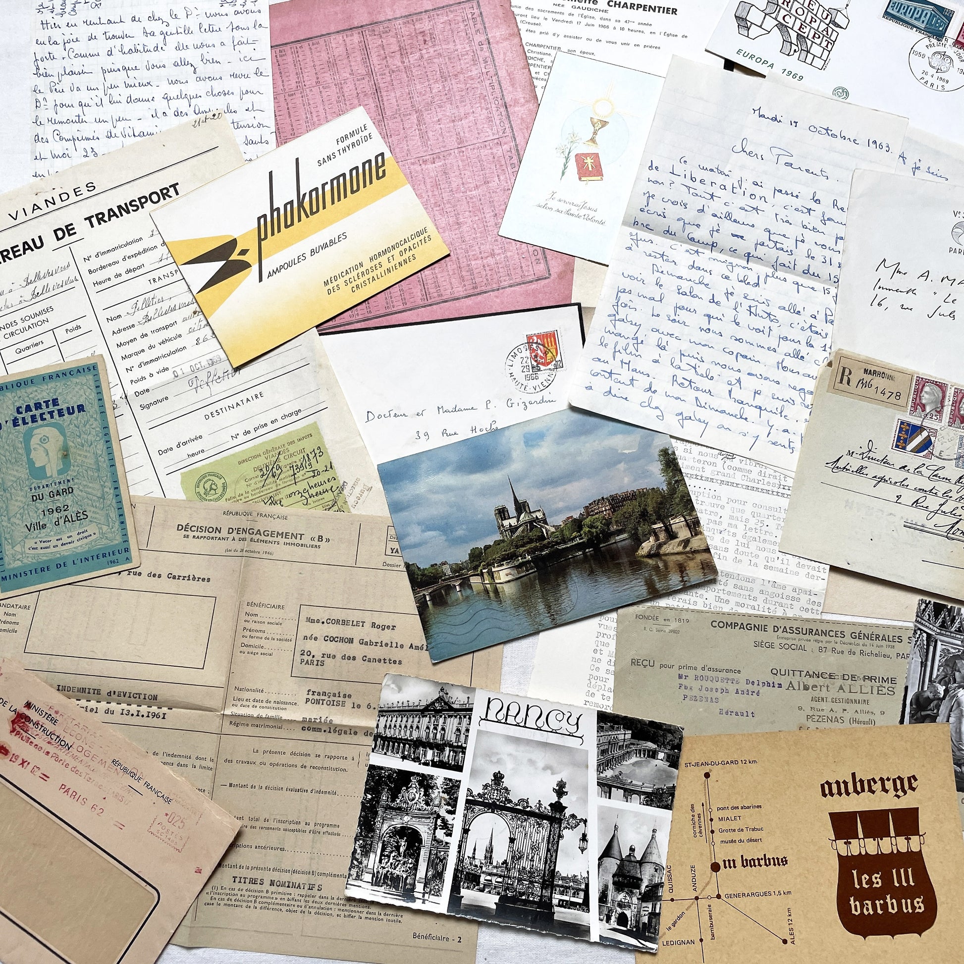 1960s - Vintage French Paper Ephemera Lot - Letters - Postcards - Historic Documents - Advertising - Receipts - Journaling Scrapbooking