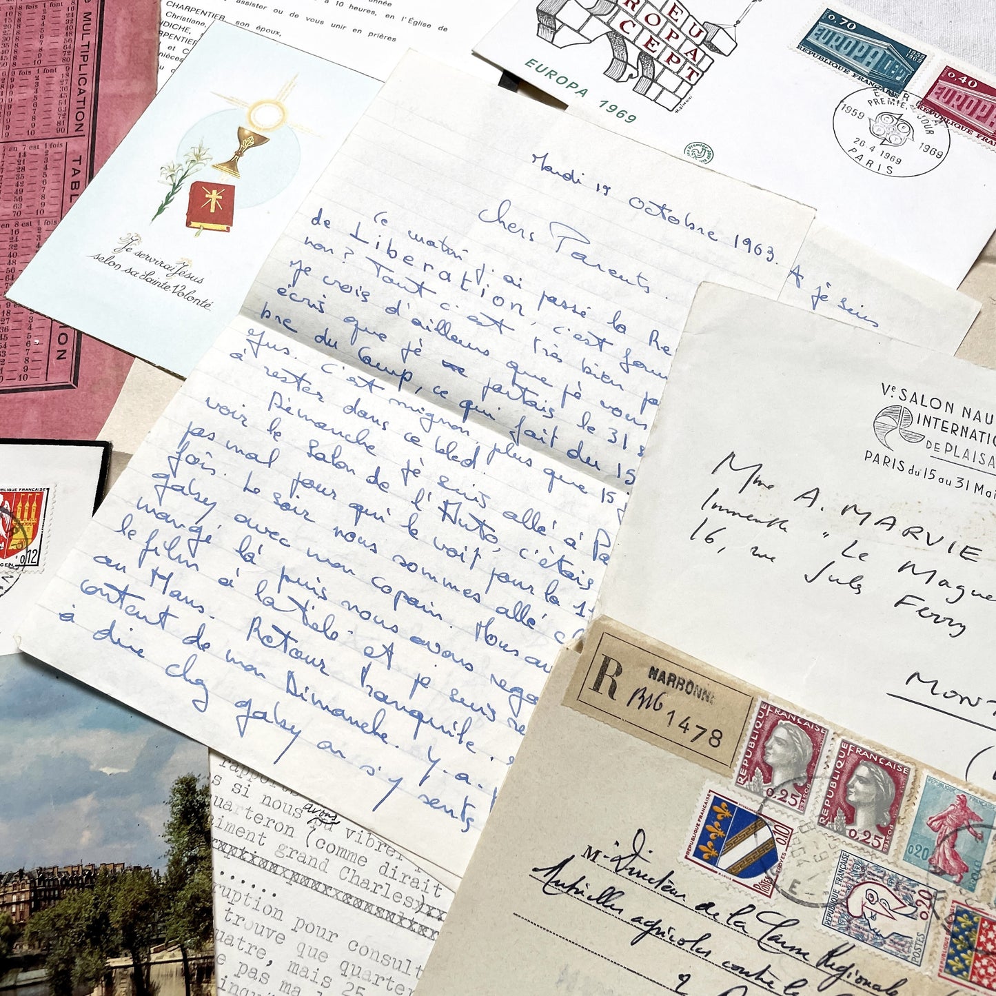 1960s - Vintage French Paper Ephemera Lot - Letters - Postcards - Historic Documents - Advertising - Receipts - Journaling Scrapbooking