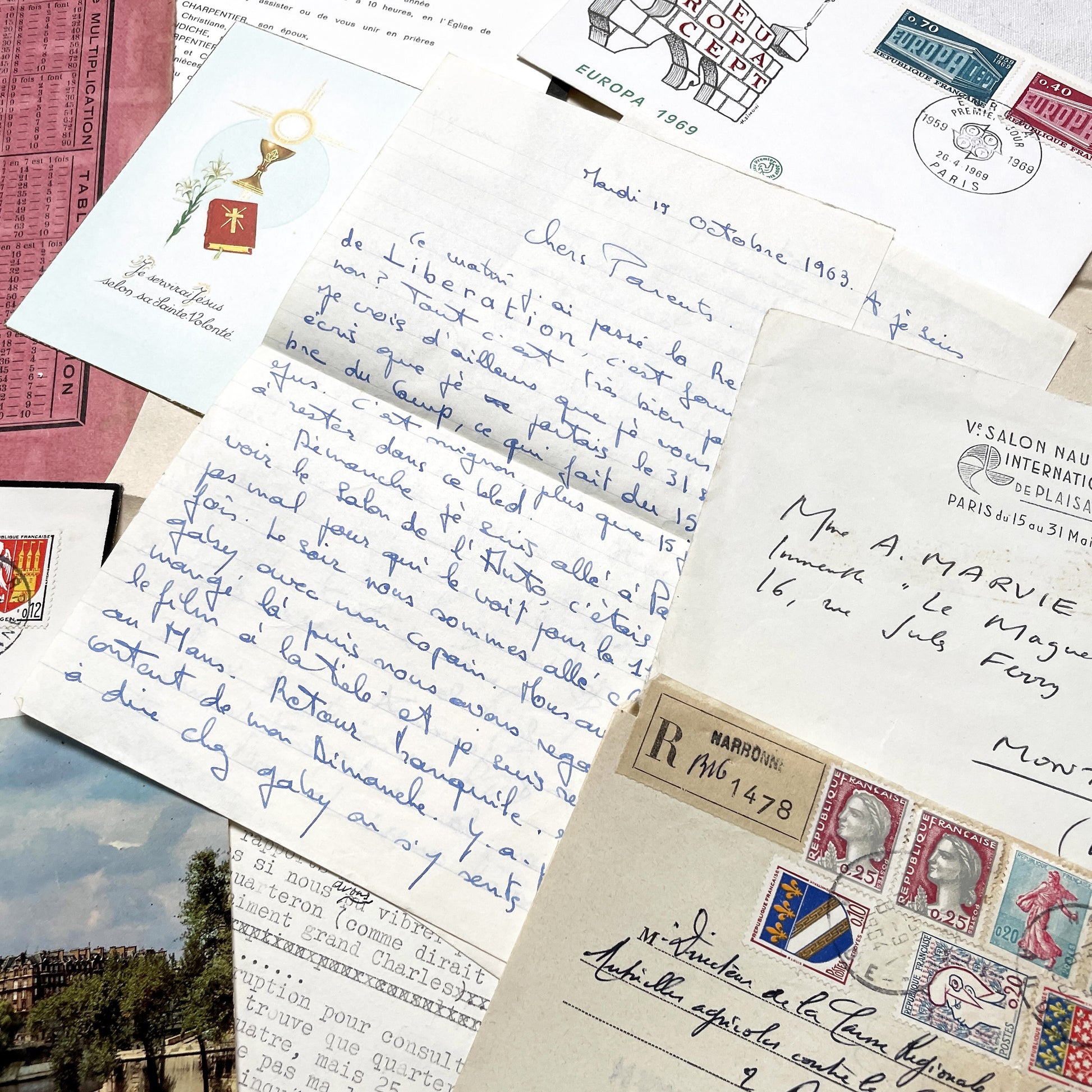 1960s - Vintage French Paper Ephemera Lot - Letters - Postcards - Historic Documents - Advertising - Receipts - Journaling Scrapbooking