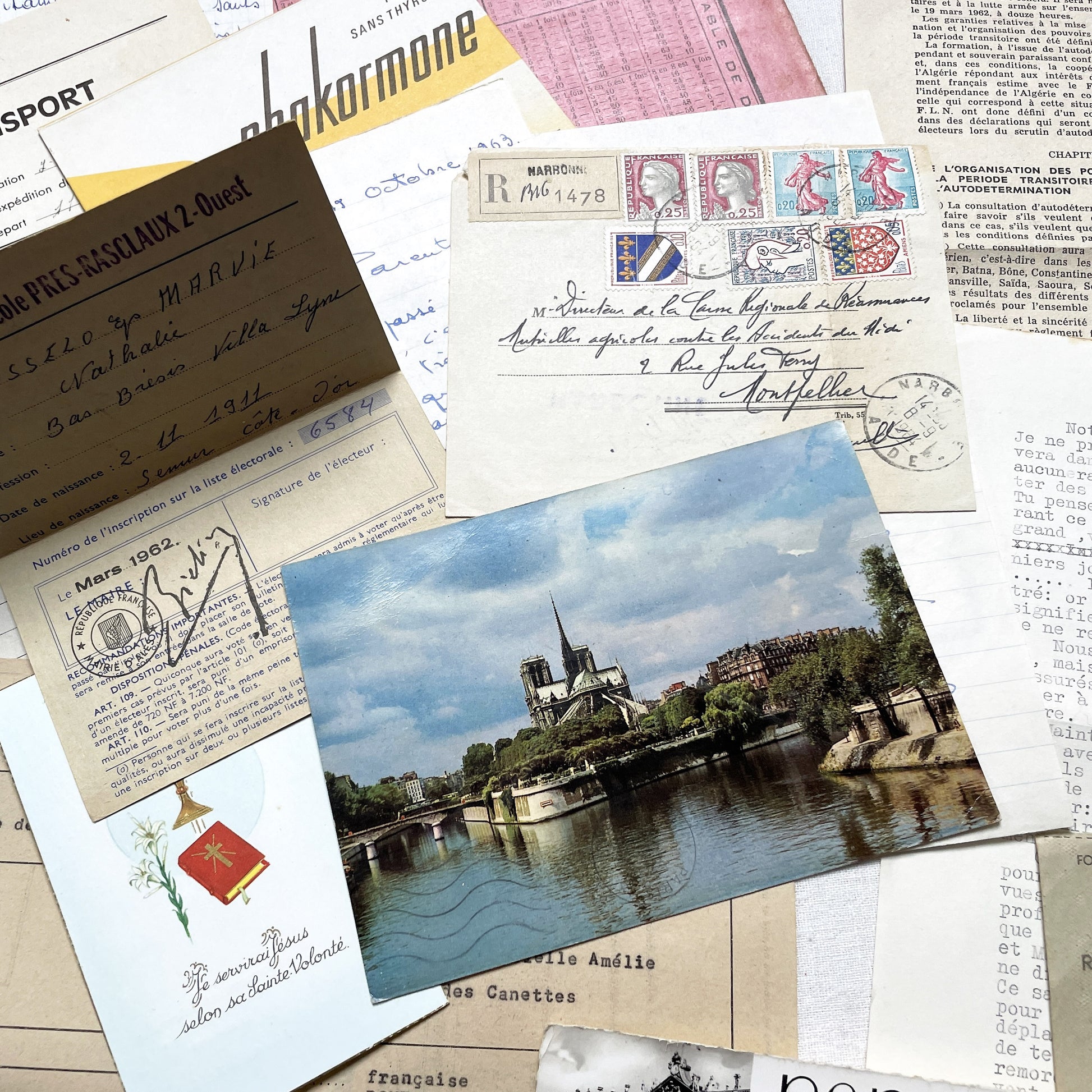 1960s - Vintage French Paper Ephemera Lot - Letters - Postcards - Historic Documents - Advertising - Receipts - Journaling Scrapbooking