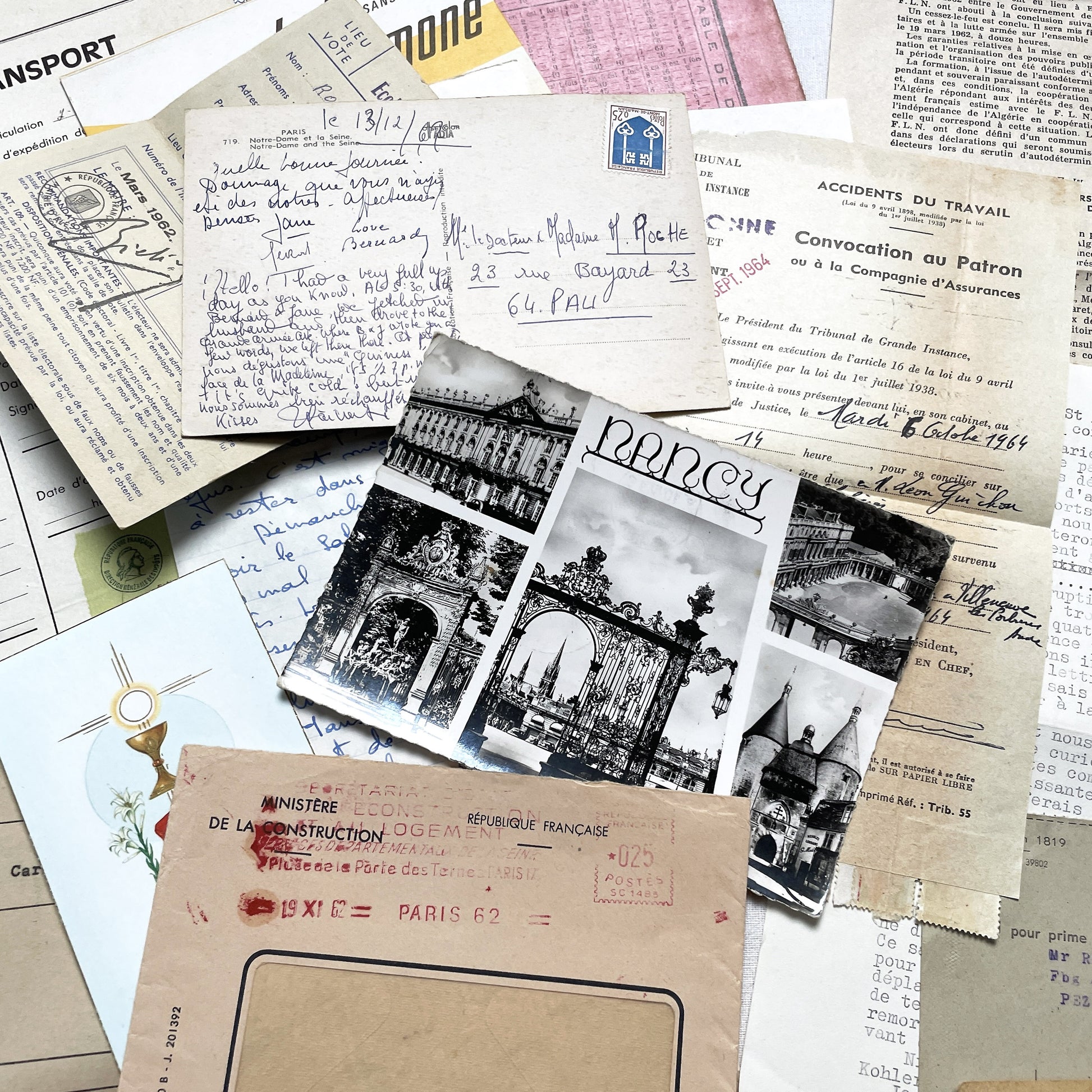 1960s - Vintage French Paper Ephemera Lot - Letters - Postcards - Historic Documents - Advertising - Receipts - Journaling Scrapbooking