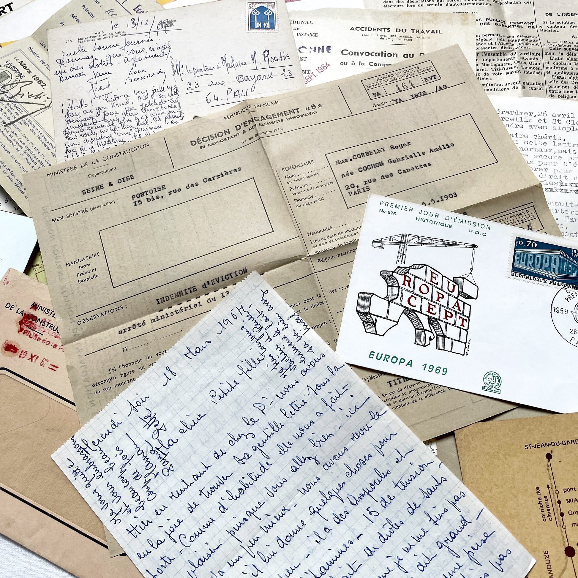 1960s - Vintage French Paper Ephemera Lot - Letters - Postcards - Historic Documents - Advertising - Receipts - Journaling Scrapbooking