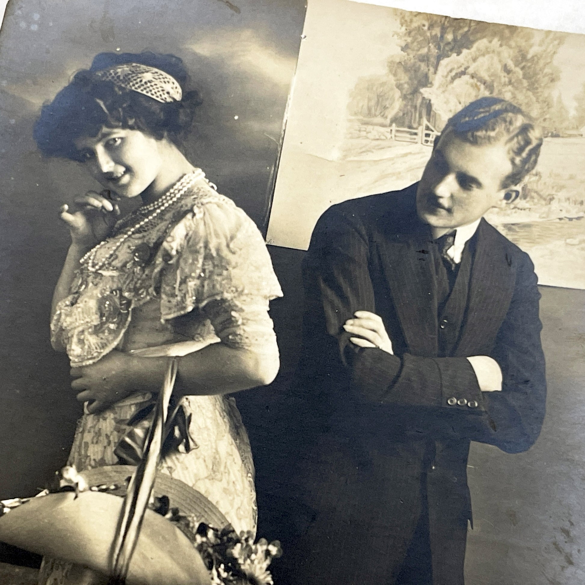 1910s - Vintage Postcard Edwardian Couple - Shy Woman with Flowers Basket - Man with Crossed Arms - Romantic Sepia Photography - Love Scene