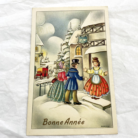1950s - Antique French Bonne Année Postcard - Vintage Snowy Village Scene - New Year Greeting Card - Festive Winter Illustration Collectible